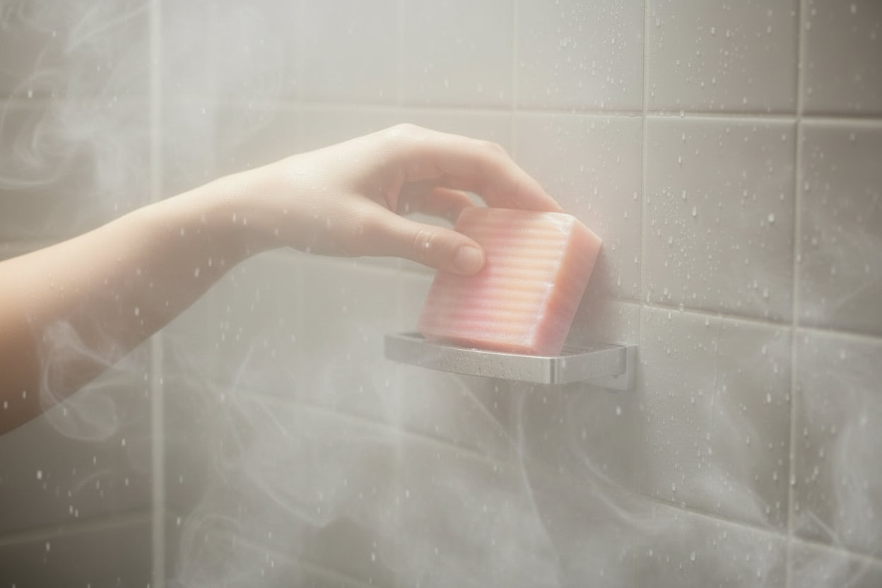 Hand Reaching For Yoni Bar Soap In Steamy Shower, Showing Natural Pink Cleansing Bar In Use