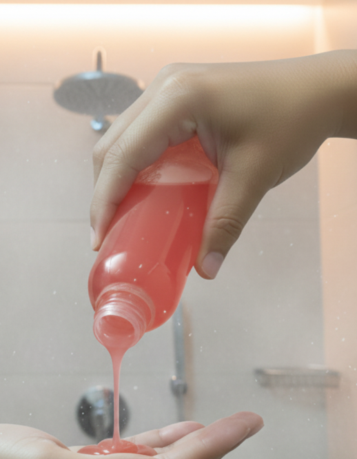 Person Dispensing Yoni Shower Gel Into Palm, Showing Gel Consistency And Color