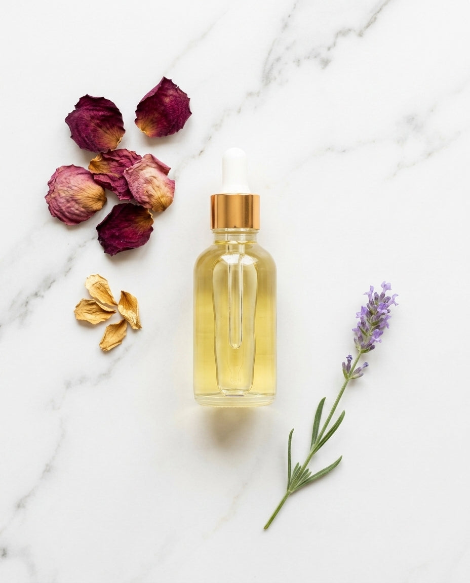 Yoni oil glass dropper bottle — Botanical Flat Lay | Generated by Modelize