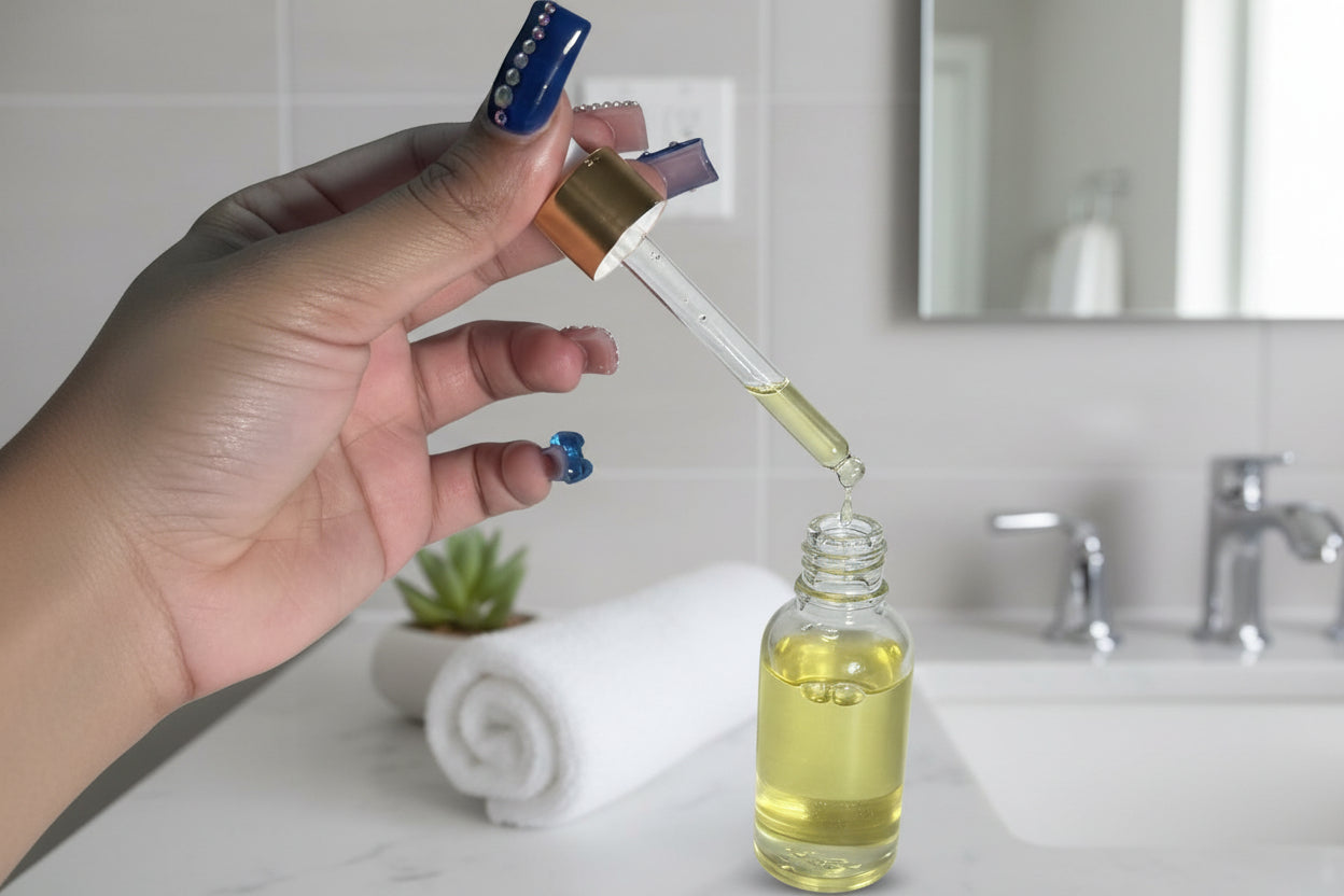 Woman With Blue Nails Using Dropper To Apply Yoni Oil, Showing Proper Application Technique