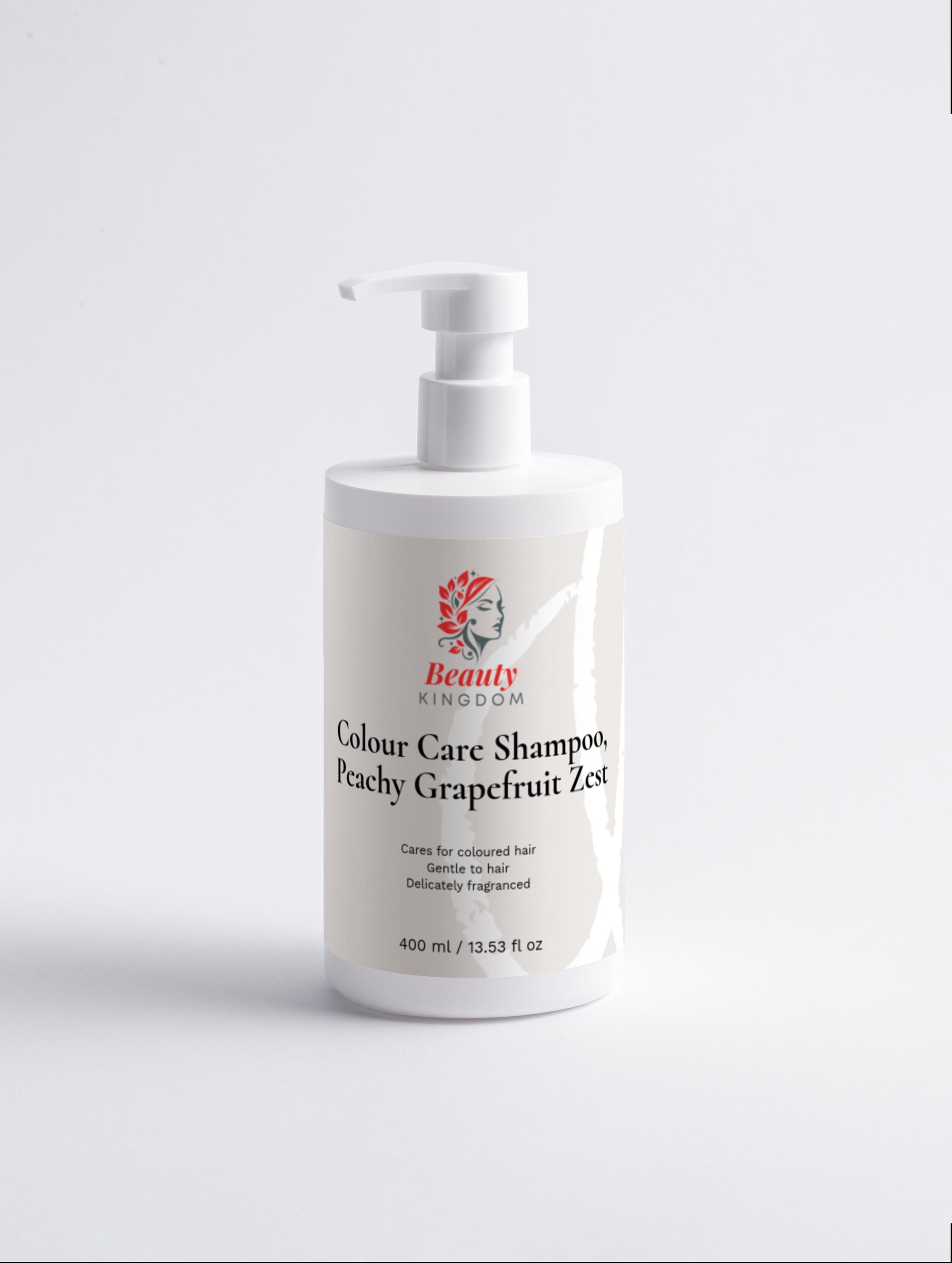 Shampoo bottle labeled 'Beauty Kingdom' on a white background