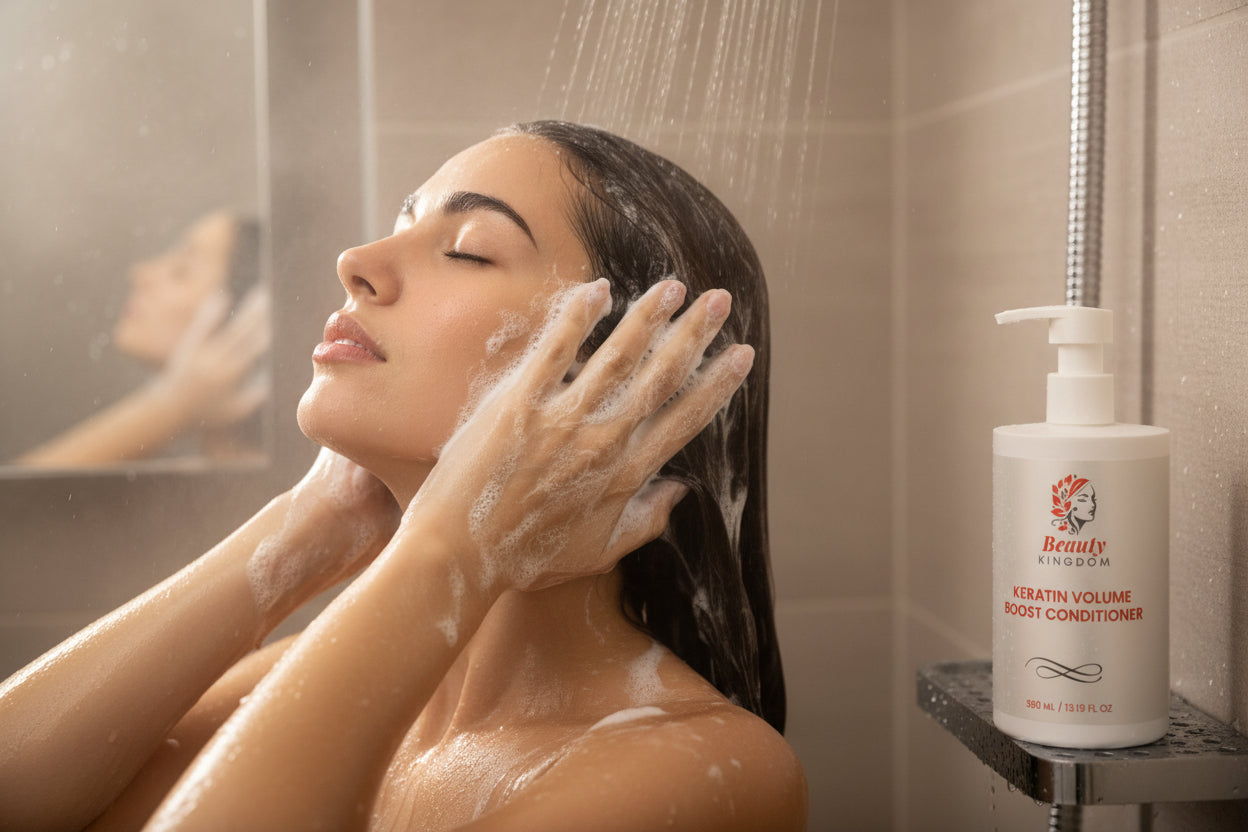 Woman Applying Keratin Volume Boost Conditioner During Shower, Demonstrating Proper Usage For Voluminous Hair Results