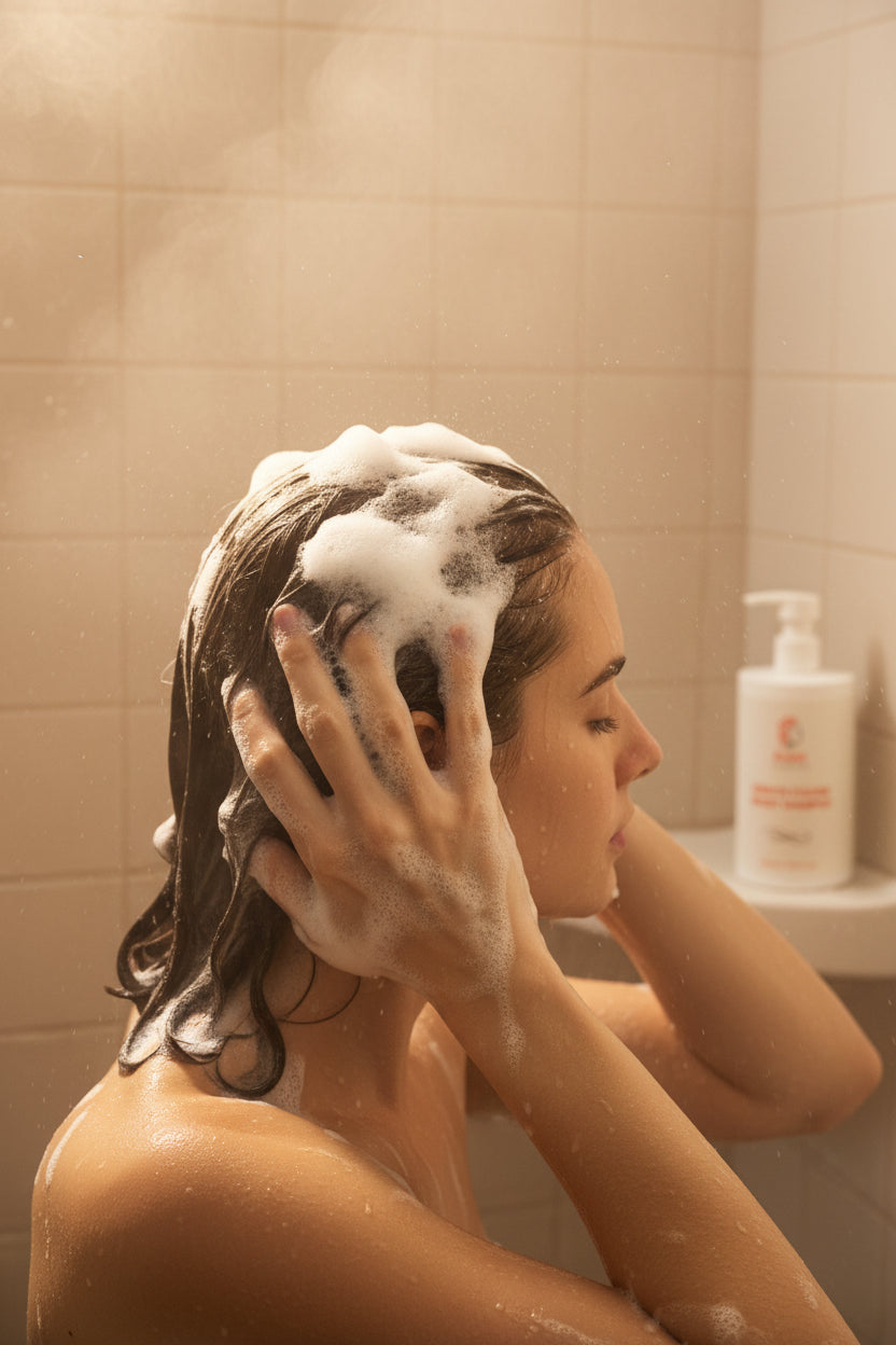 Woman Applying Keratin Volume Boost Shampoo In Shower, Demonstrating Proper Hair Washing Technique For Volume