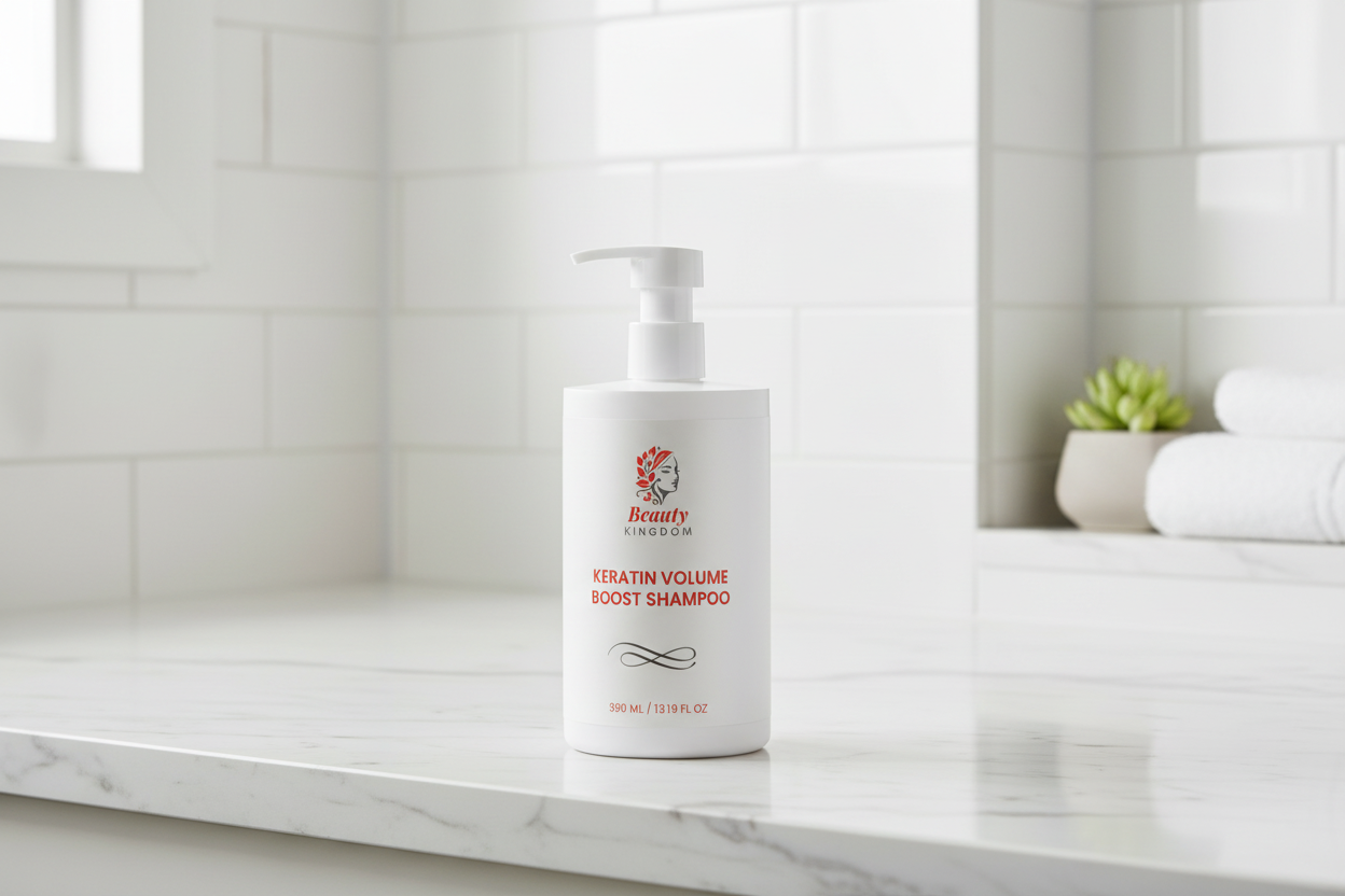Keratin Volume Boost Shampoo White Bottle Elegantly Displayed On Marble Bathroom Shelf With Tiled Wall Background