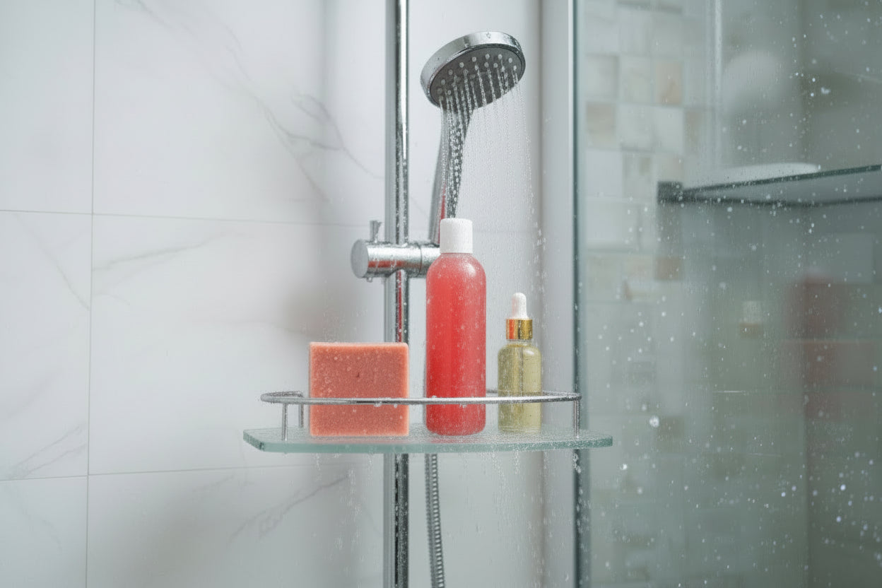 Yoni Bundle Displaying All Products Together - Bar Soap, Shower Gel, And Oil On Elegant Bathroom Shelf