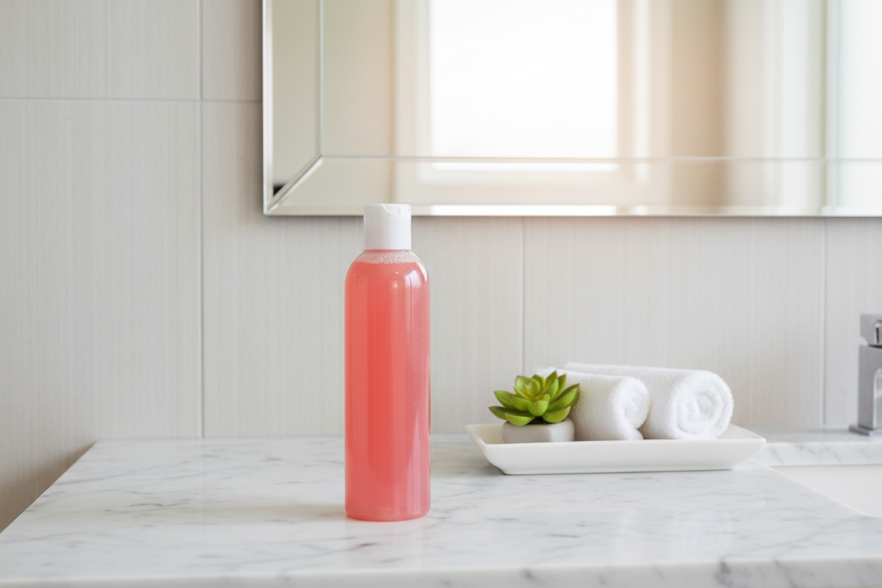 Yoni Shower Gel Pink Bottle Elegantly Displayed On Marble Bathroom Counter With Towels And Greenery